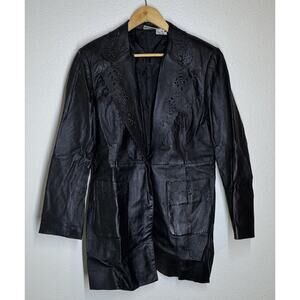Newport News Black Leather Jacket Coat Laser Cut Floral Large